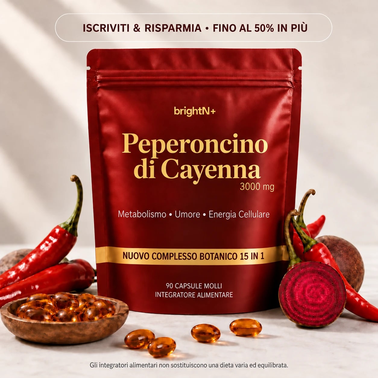 Confezione del prodotto Peperoncino di Cayenna 3000 mg con peperoncini rossi freschi